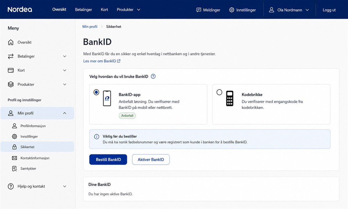 Bestilling av BankID i nettbank via Min profil-menyen