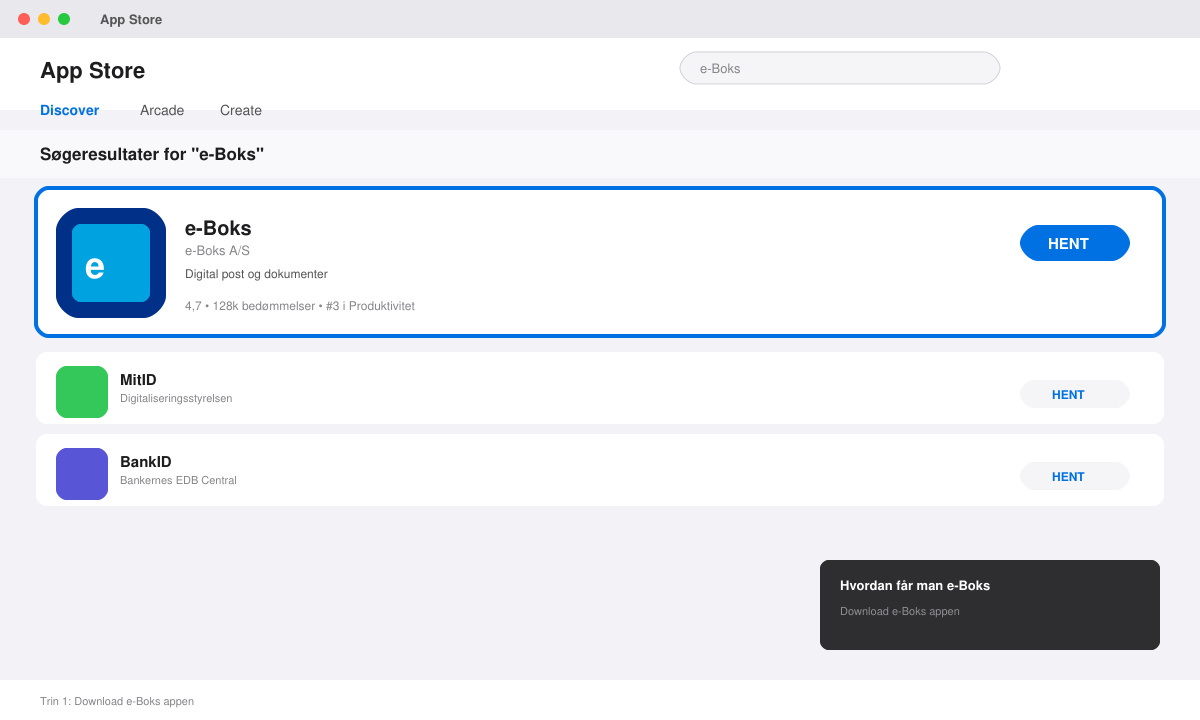 Skærmbillede af e-Boks app download og startskærm