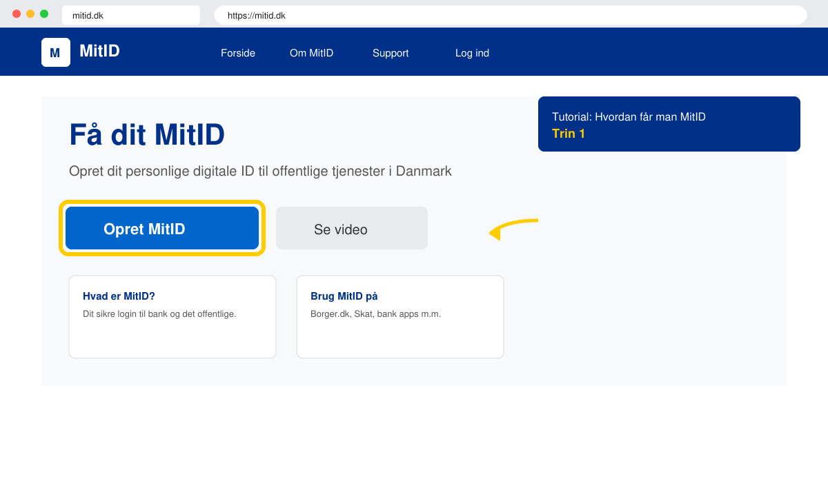 Screenshot of mitid.dk homepage with create MitID button highlighted