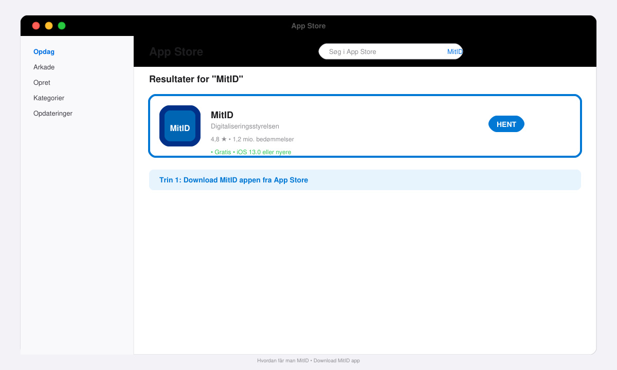Skærmbillede af MitID app download og start