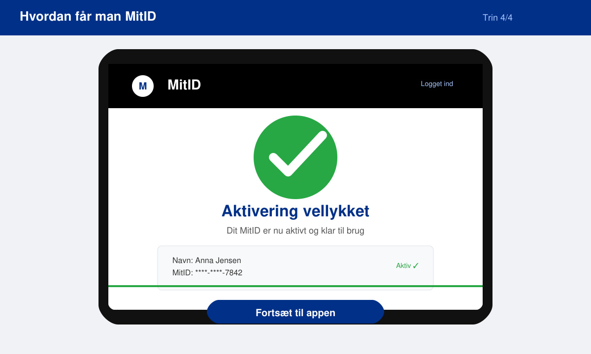 Bekræftelse af MitID aktivering i appen