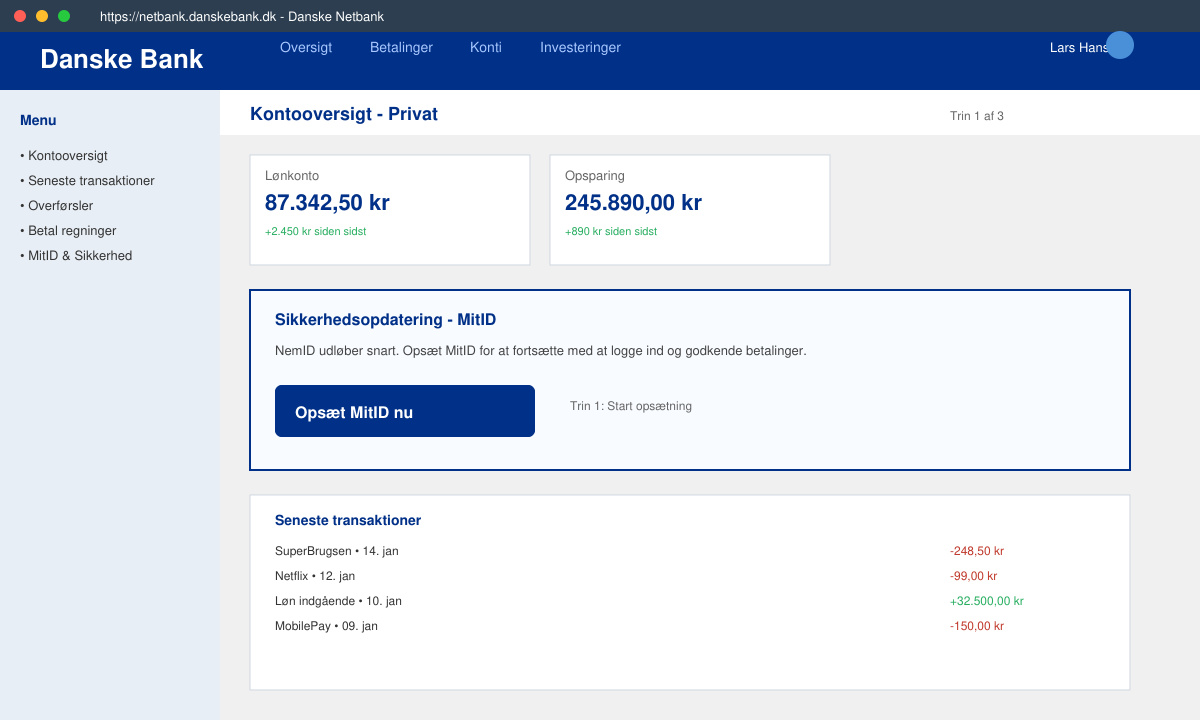 Skærmbillede af netbank menu hvor man vælger MitID opsætning