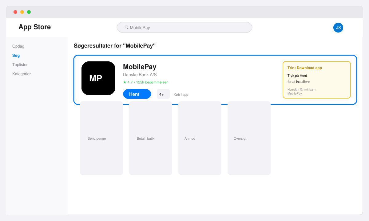 Skærmbillede af App Store med MobilePay-appen fremhævet