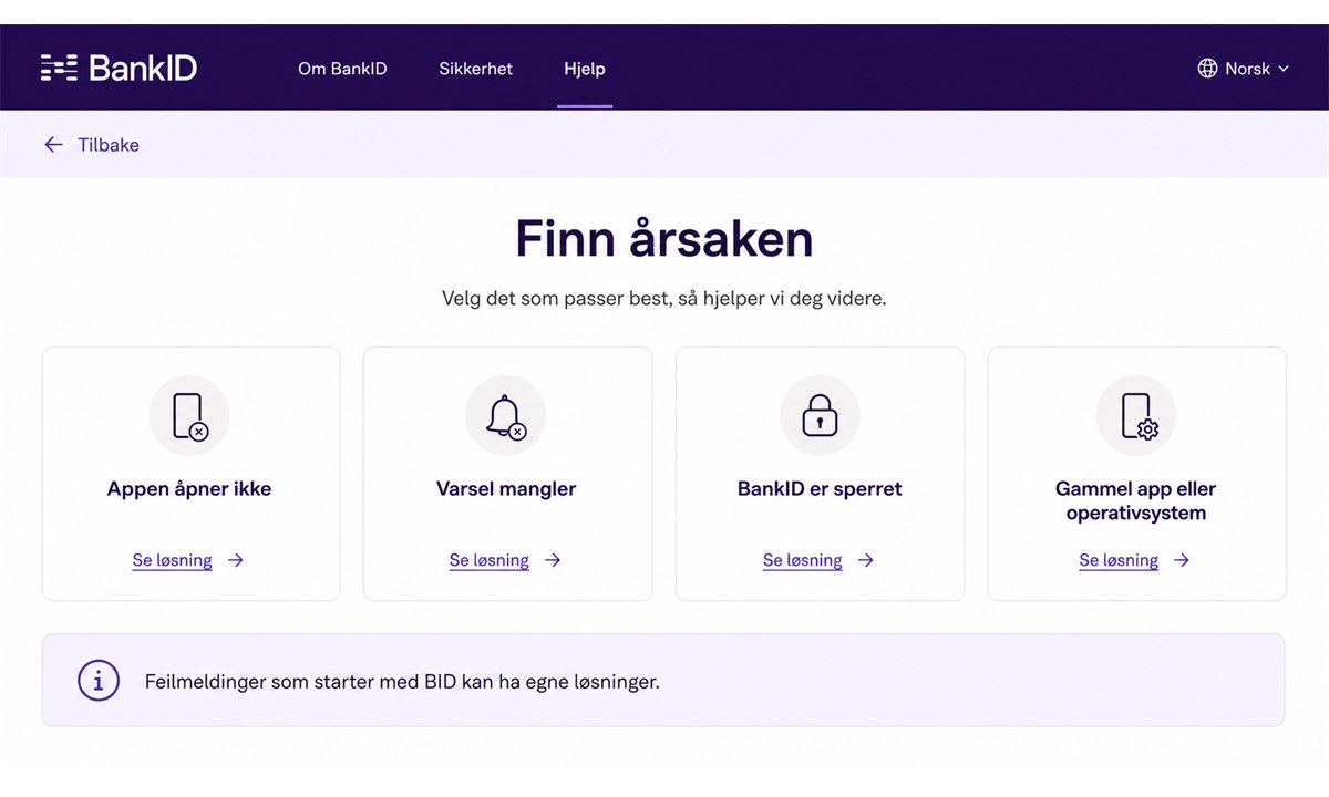 Ulike BankID feilmeldinger på mobilskjerm