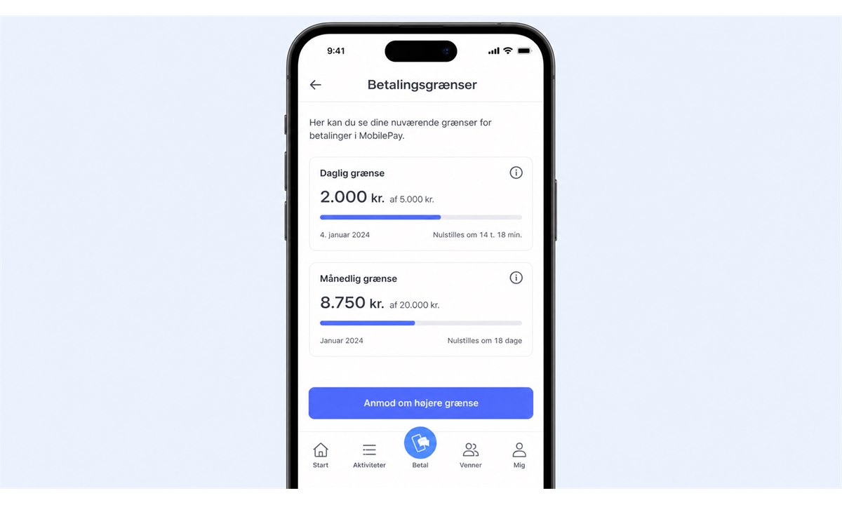 MobilePay betalingsgrænser sektion med nuværende limits
