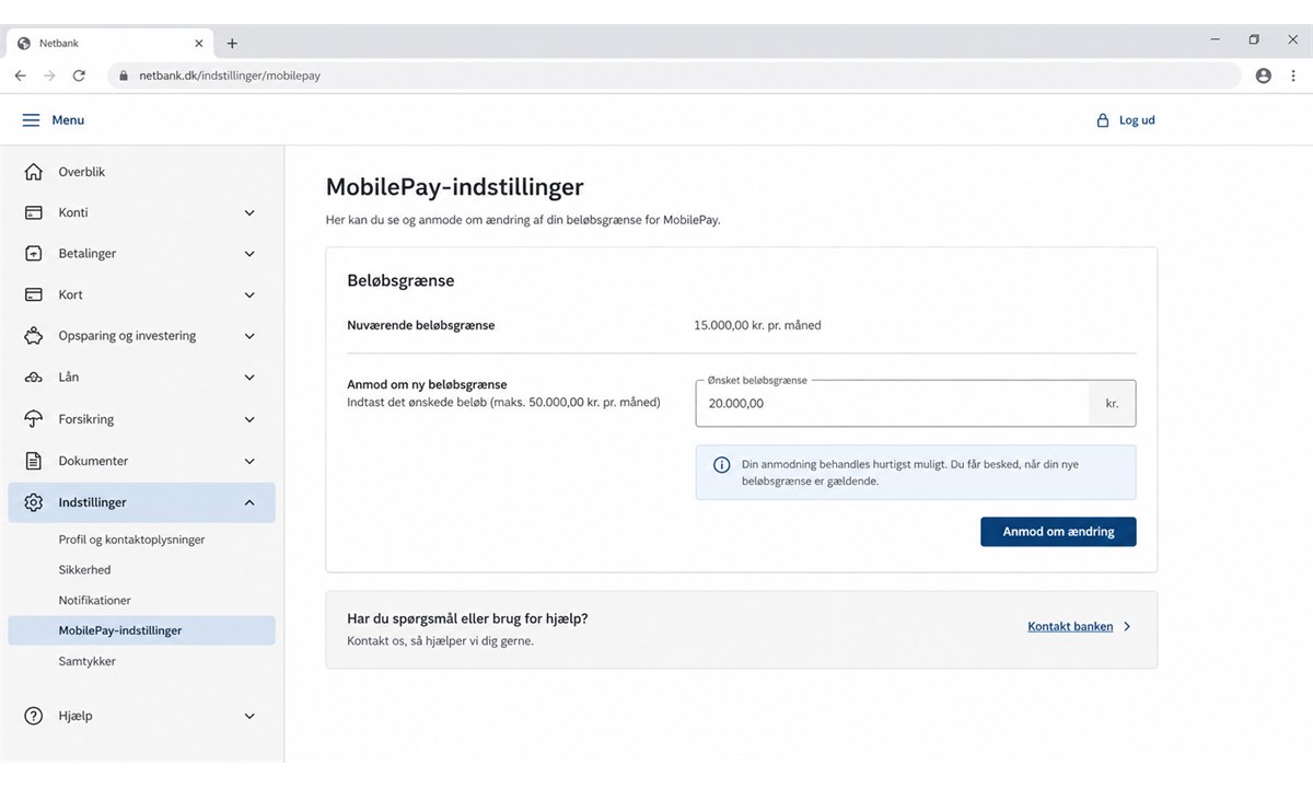 Netbank indstillinger med MobilePay beløbsgrænse kontrol