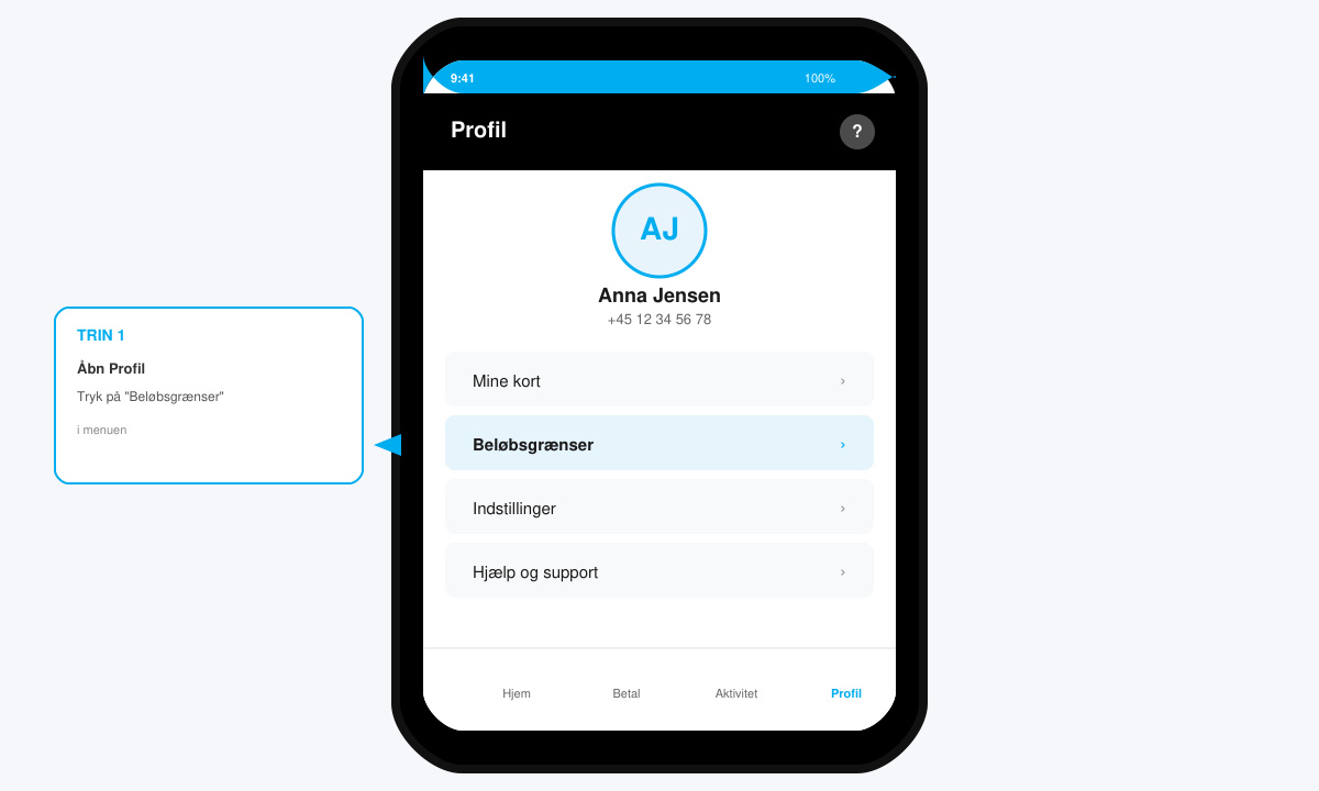 MobilePay profilmenu og kontoindstillinger