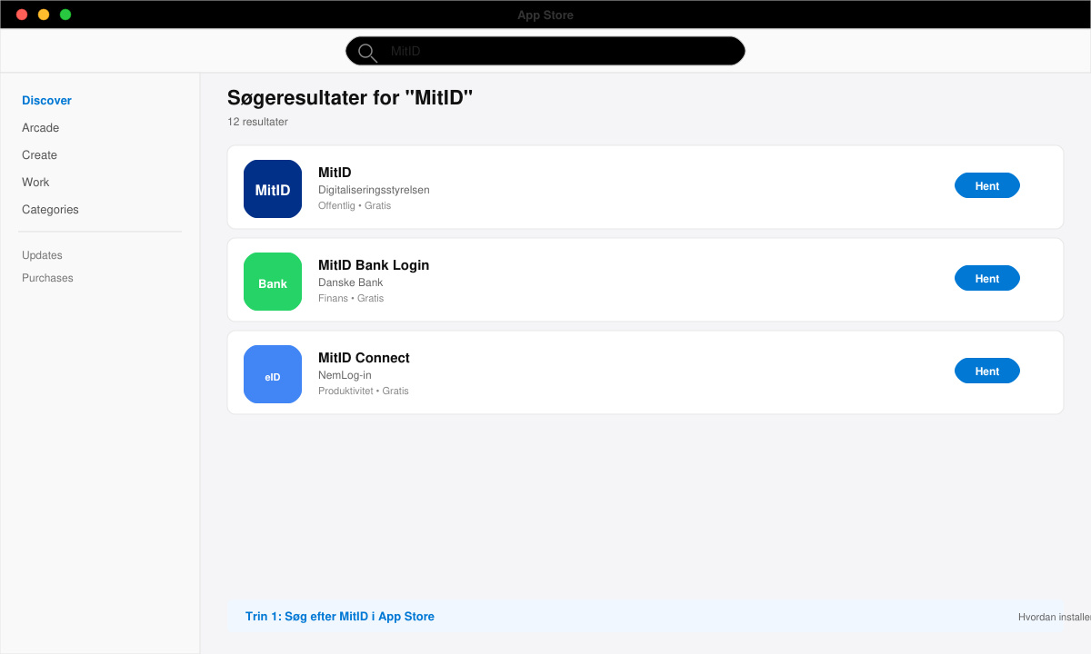 Skærmbillede af søgning efter MitID i App Store