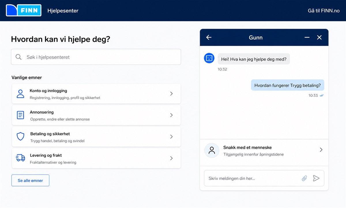 Finn.no chatbot og live chat vindu