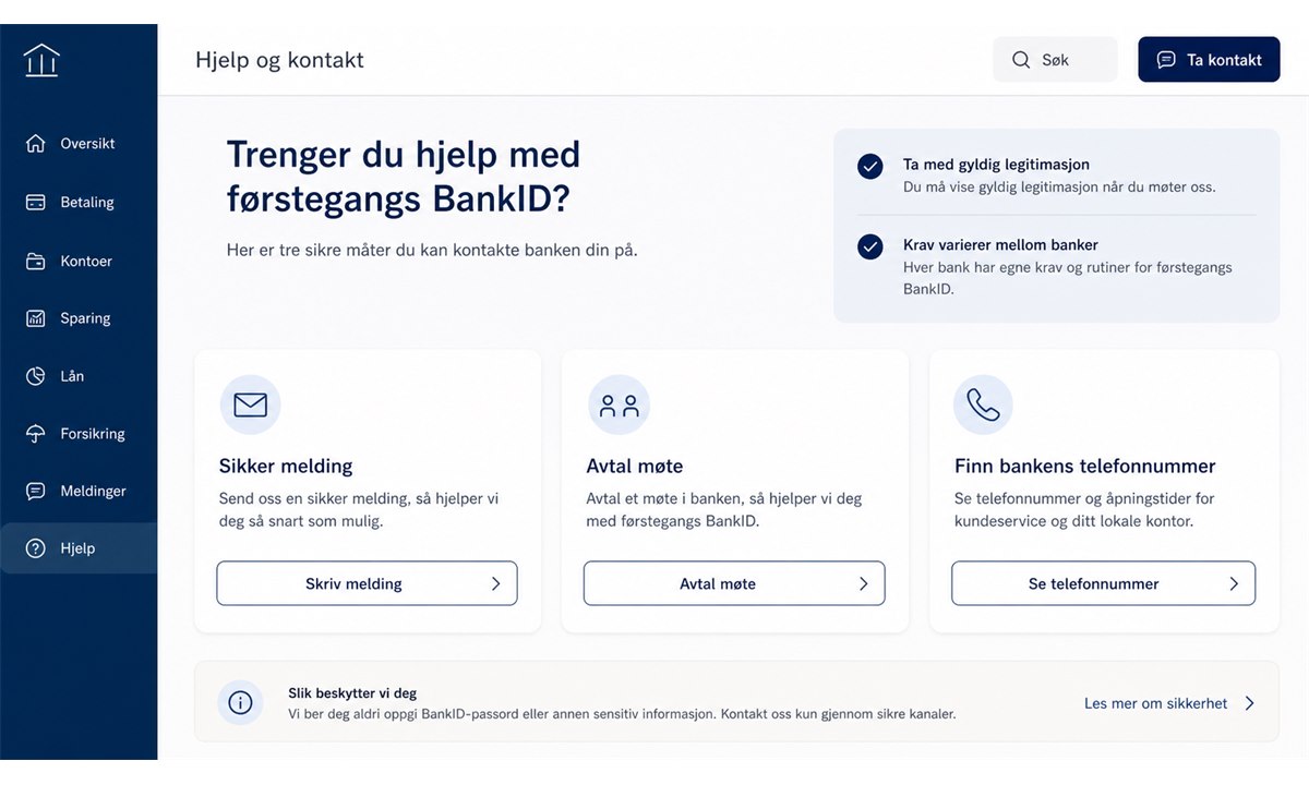 Kontakte bank for å opprette BankID
