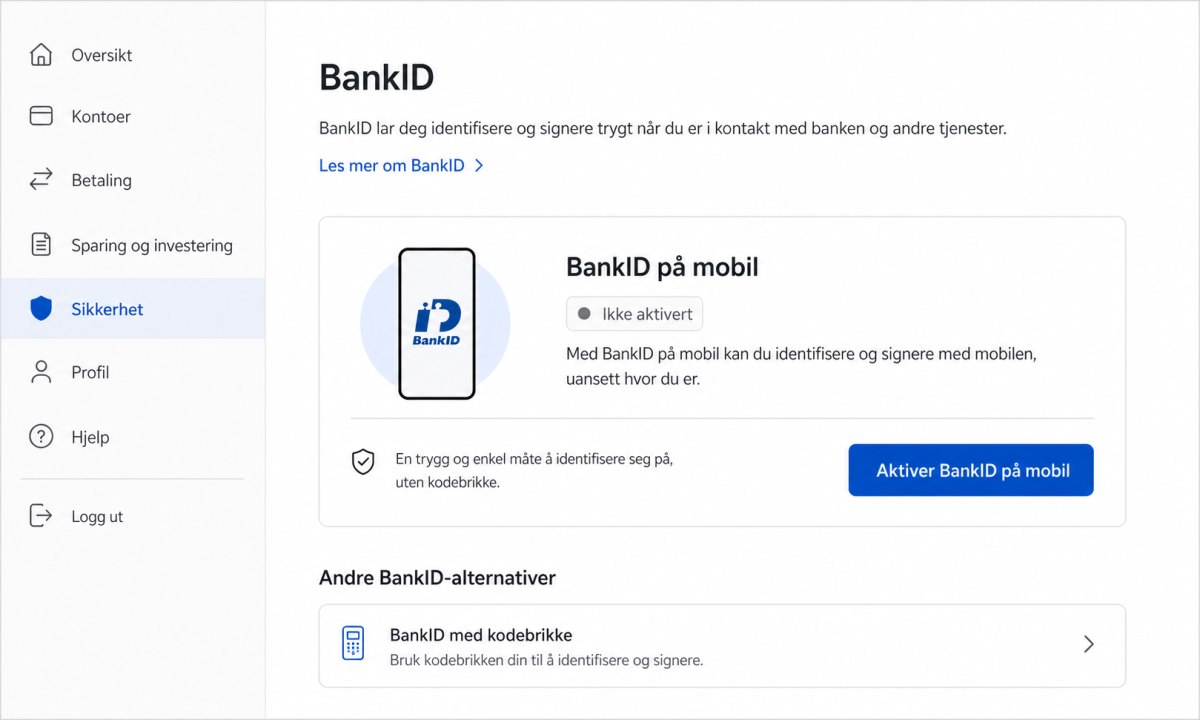 Nettbankmeny med alternativ for å aktivere BankID på mobil