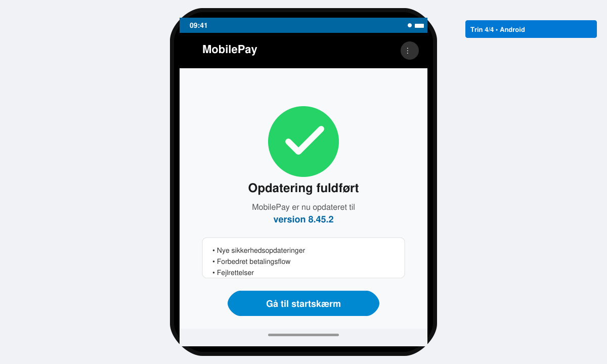 Bekræftelsesskærm i MobilePay-appen efter vellykket opdatering