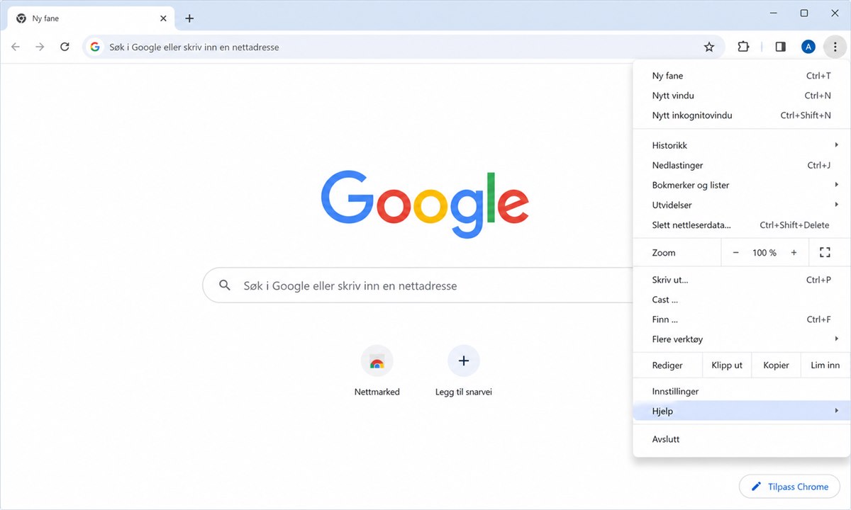 Chrome-nettleser med tre-punkts meny åpen øverst til høyre