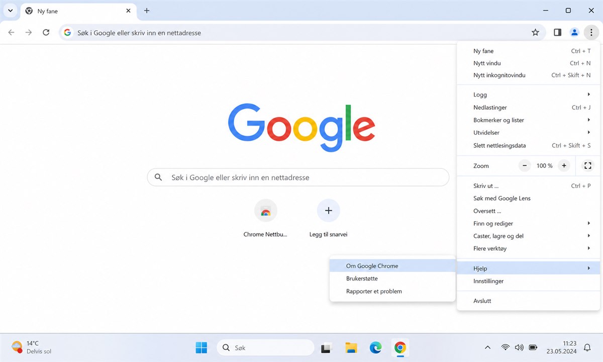 Chrome-meny med Hjelp-alternativet og Om Google Chrome synlig