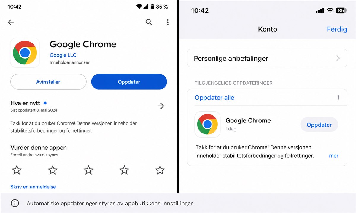 Google Play og App Store med Chrome-oppdateringsknapp