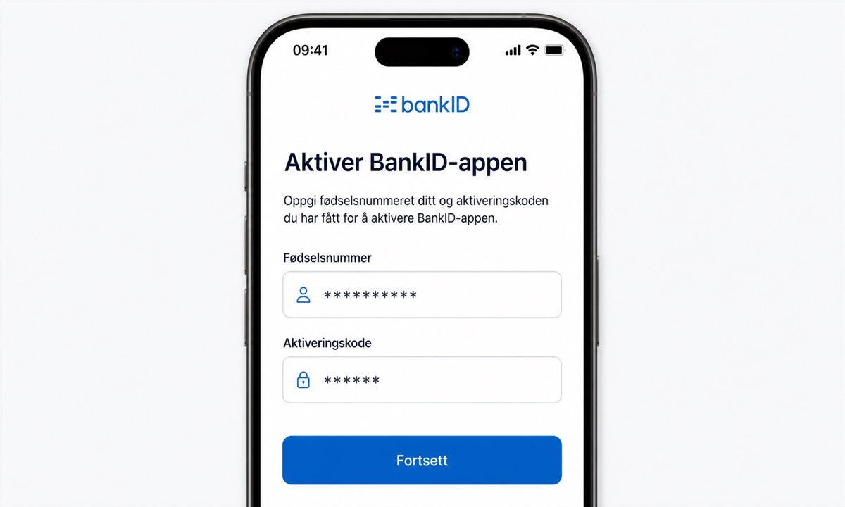 BankID-appen med felt for fødselsnummer og referansenummer under aktivering