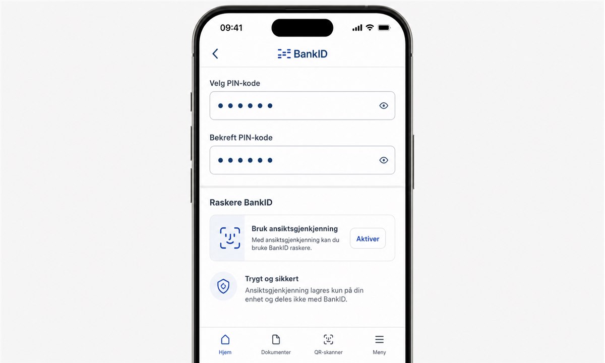 BankID-appen med skjerm for valg av PIN-kode og biometri-aktivering