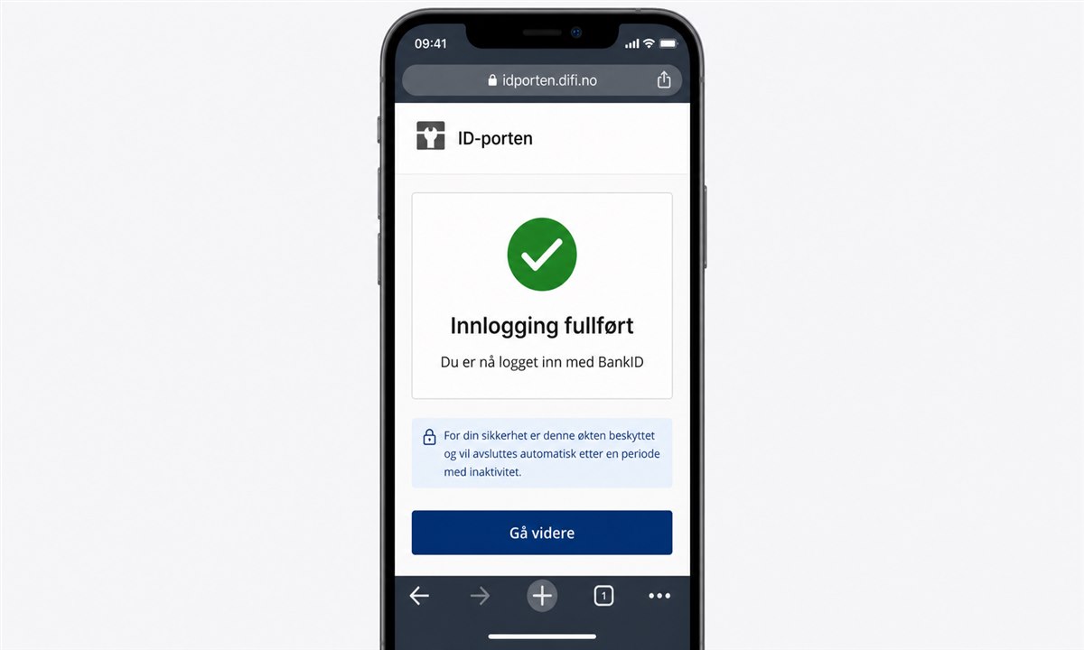 Vellykket BankID-innlogging på ID-porten vist på mobilskjerm