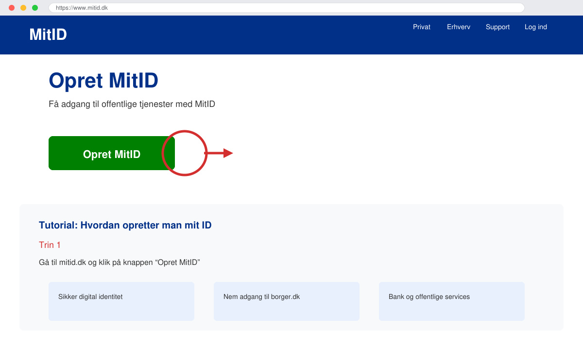 Screenshot of the mitid.dk website with the create MitID button highlighted