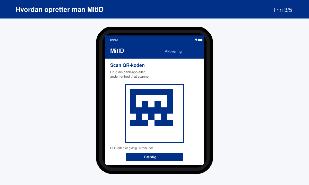 Phone screen showing the MitID app activation screen with QR code