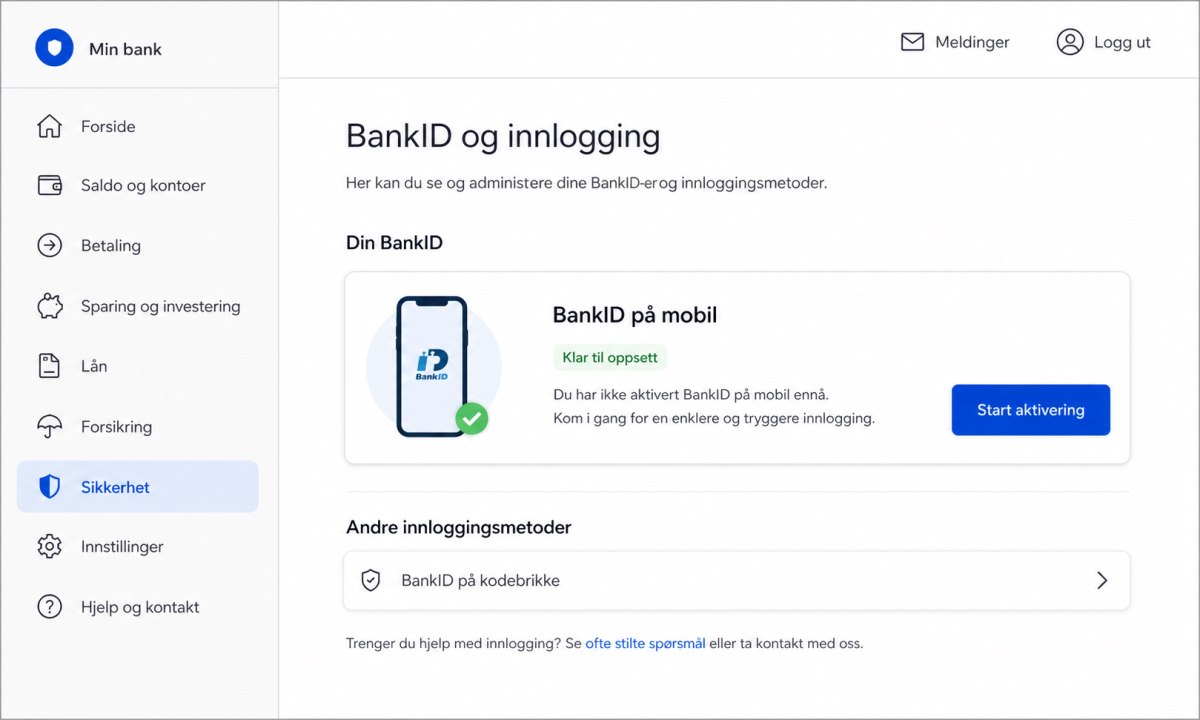 Nettbankmeny med sikkerhetsinnstillinger og BankID på mobil alternativ