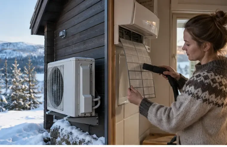 En person rengjør filteret på en luft-til-luft-varmepumpe i en hytte, med utedelen synlig ute i snøen