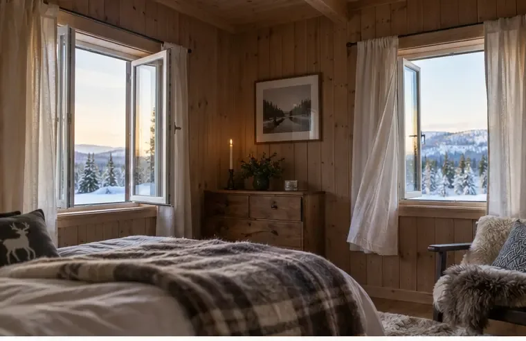 En luft-til-luft-varmepumpe i en snødekt hytte med åpne vinduer i et soverom