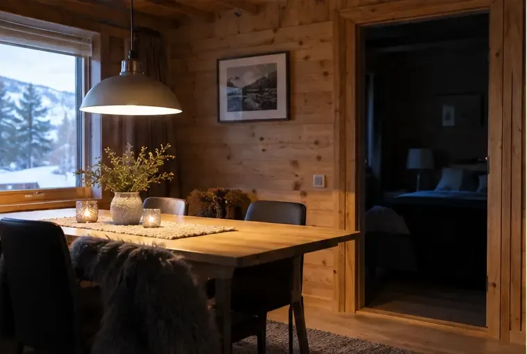 En opplyst spiseplass med LED-lampe og et mørkt, ubrukt rom i bakgrunnen på en hytte
