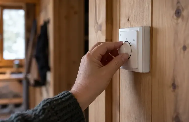 En hånd justerer en enkel termostat på en trevegg i en hytte