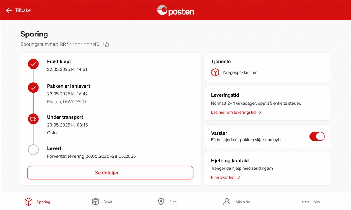Spore pakke i Posten-appen på smarttelefon