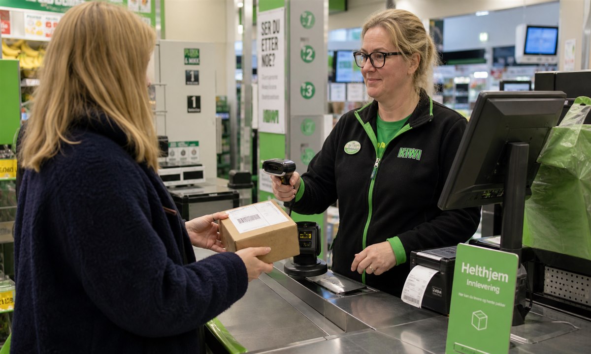 Innlevering av pakke på Kiwi-butikk med Helthjem