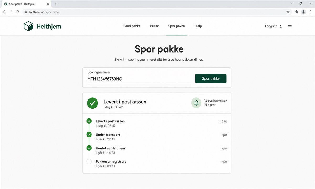 Sporing av pakke på Helthjem-nettside