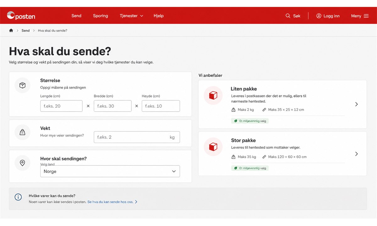 Postens nettside med priskalkulator for pakker