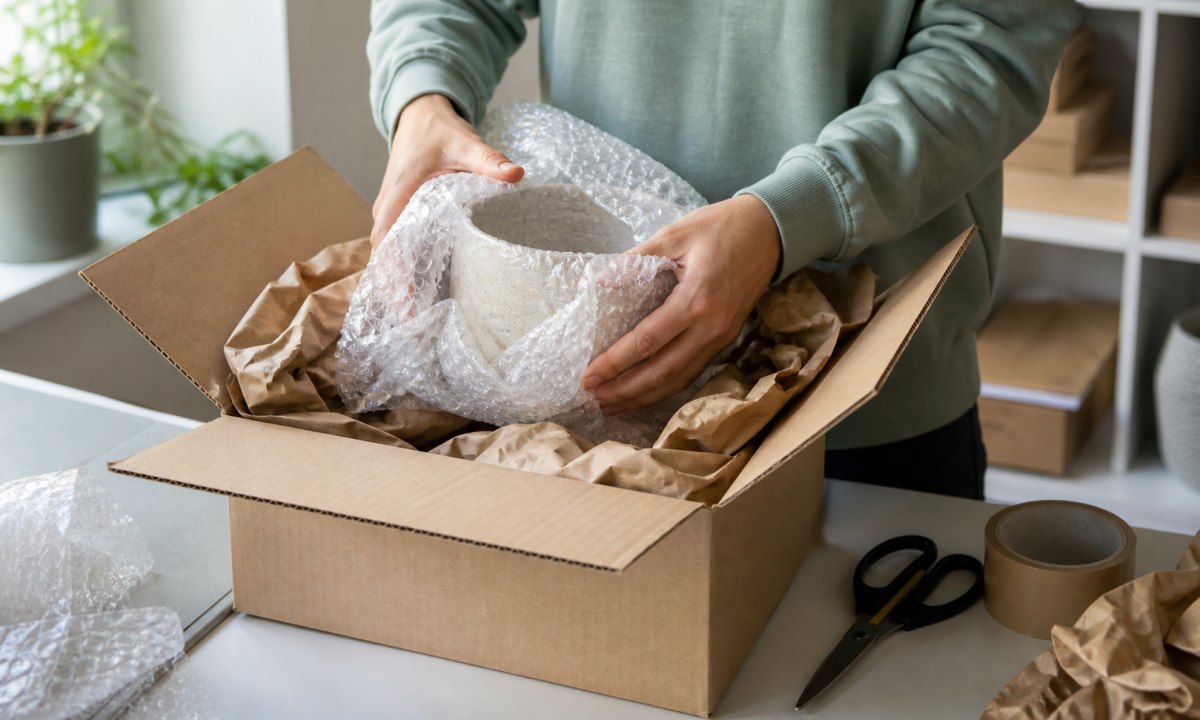 Forsvarlig pakking av pakke med bobleplast og tape for utenlandssending