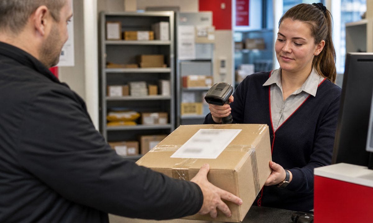 Pakke med fraktlapp levert på Posten-ombud for sending til utlandet