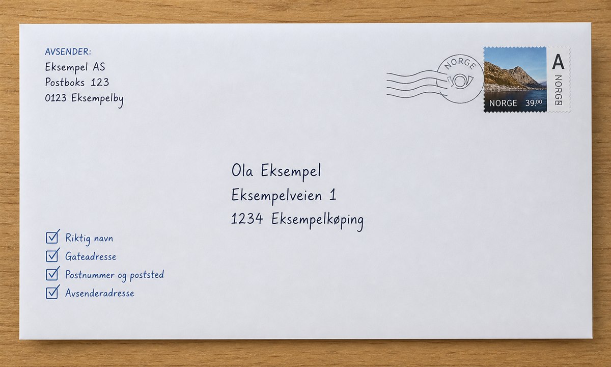 Konvolutt med tydelig mottakeradresse og avsenderadresse