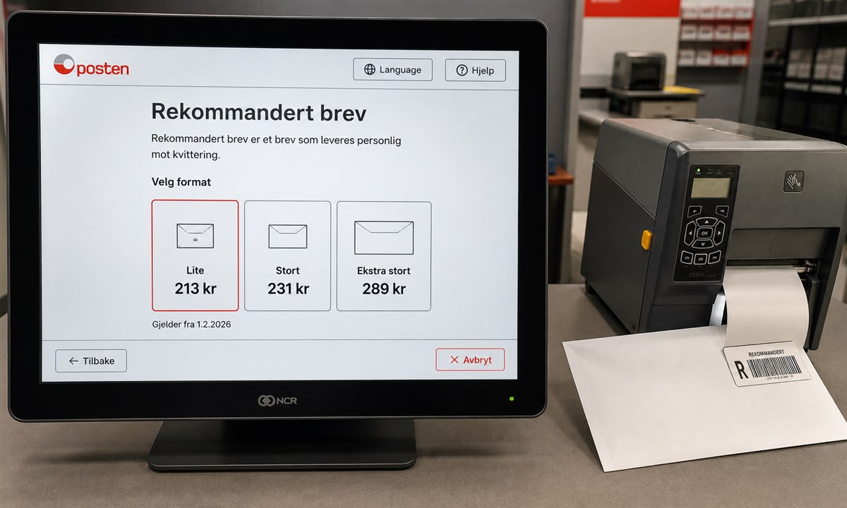 Postansatt fester rekommandert etikett med strekkode på konvolutt
