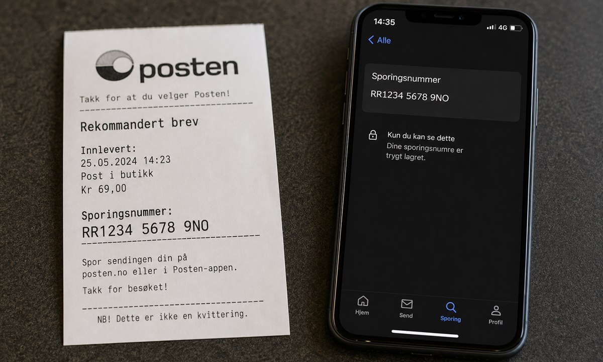 Kvittering fra Posten for rekommandert sending med sporingsnummer