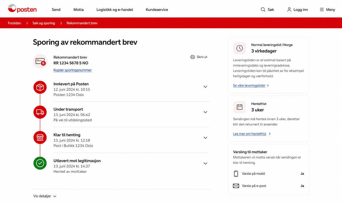 Sporing av rekommandert brev på Posten.no med leveringsstatus