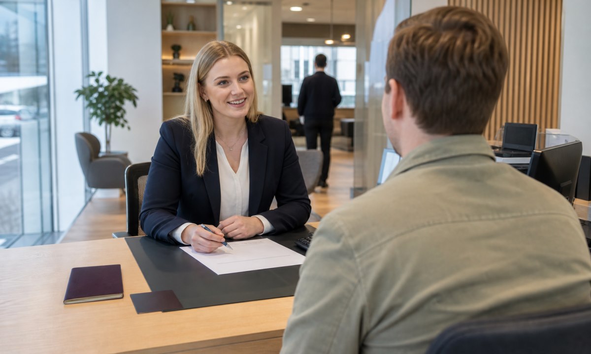 Bankfilial der en kundekonsulent hjelper ny kunde med kontoopprettelse