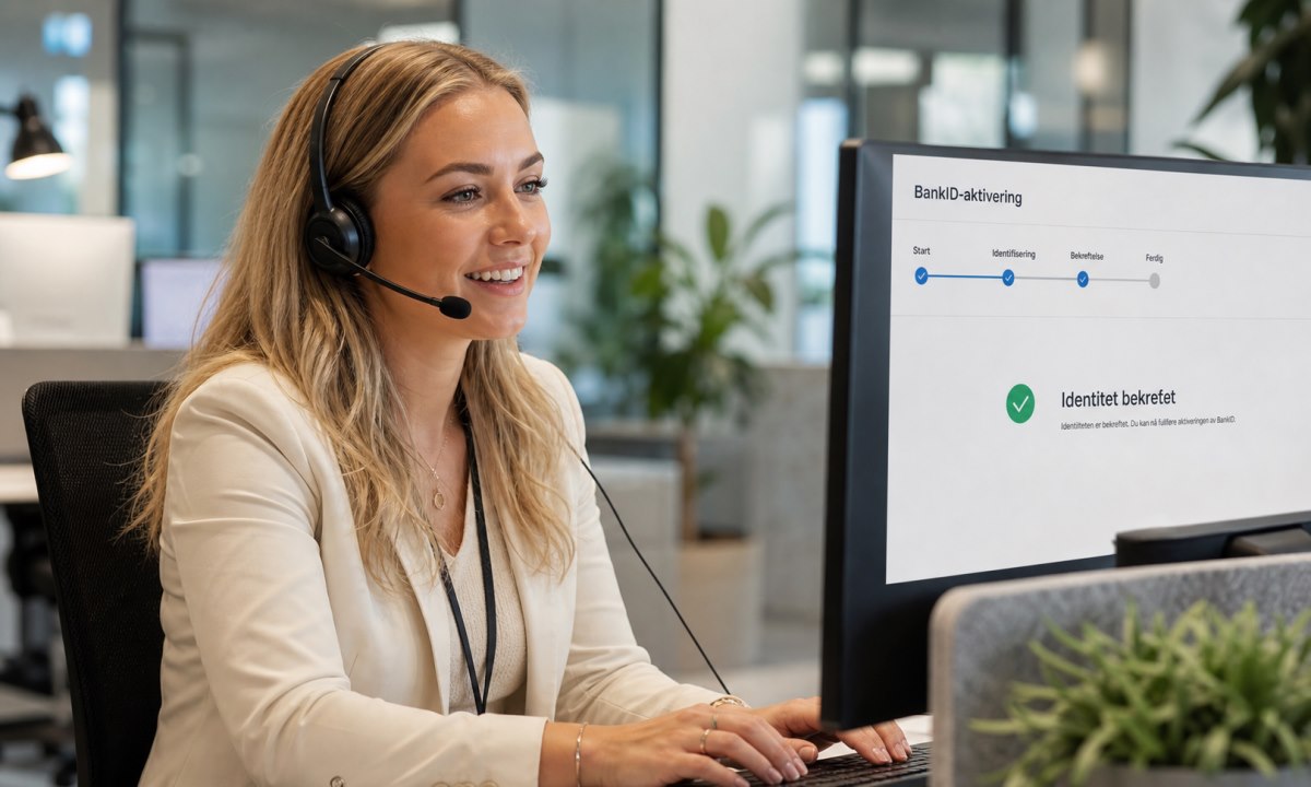 Kundeservice-konsulent som hjelper med BankID-aktivering via telefon