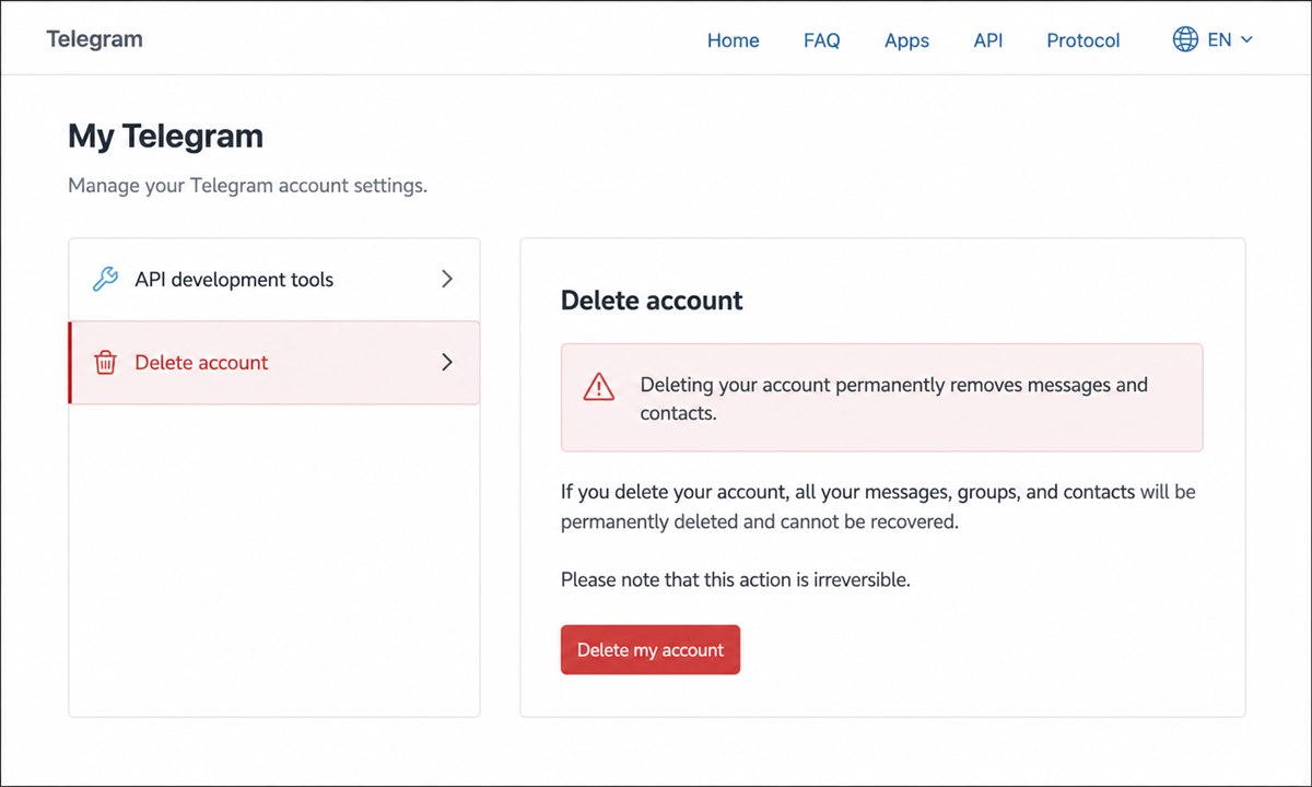Delete Account-side på Telegram-portalen