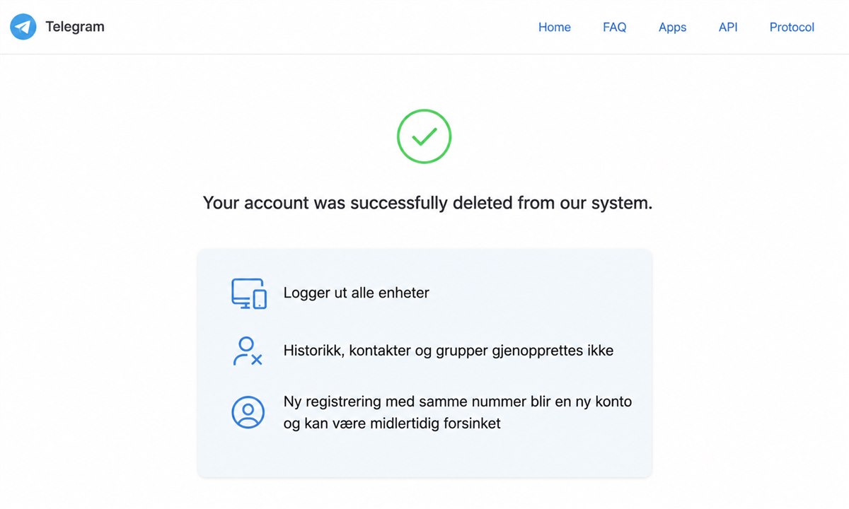 Bekreftelse på at Telegram-kontoen er slettet