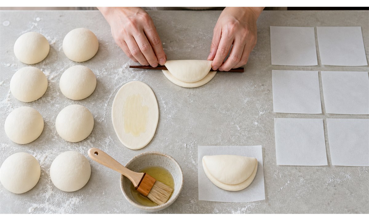 Forming av bao buns til halvmåner på benkeplate