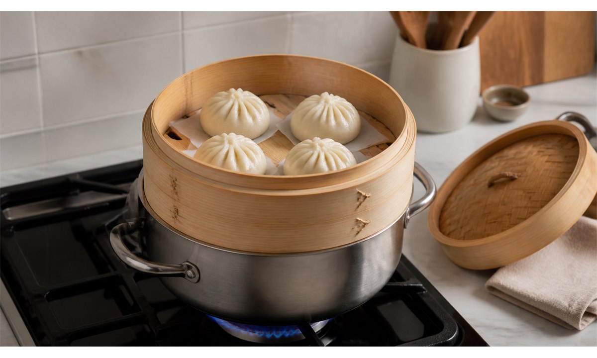 Bambusdamper med bao buns over kokende vann med lokk