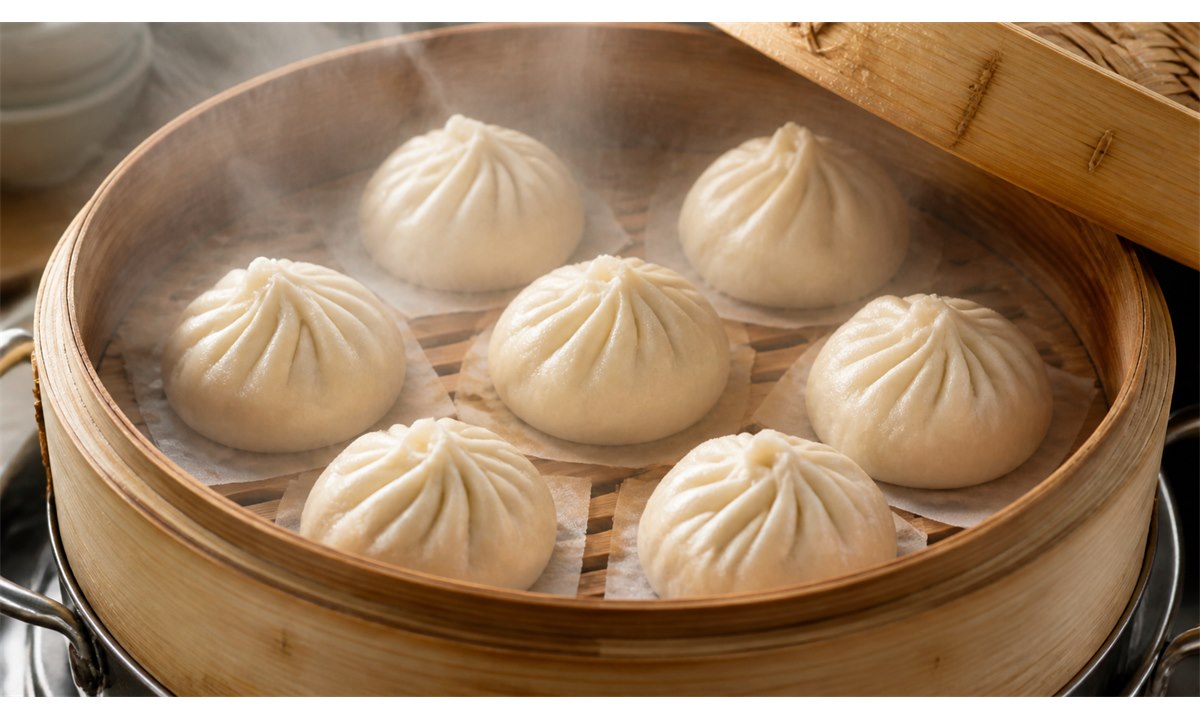 Bao buns inne i bambusdamper under dampeprosessen