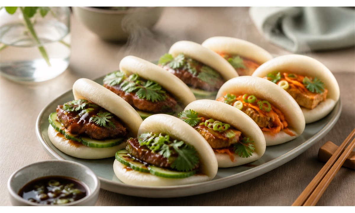 Åpne bao buns fylt med svinebuk, koriander og agurk på serveringsbrett