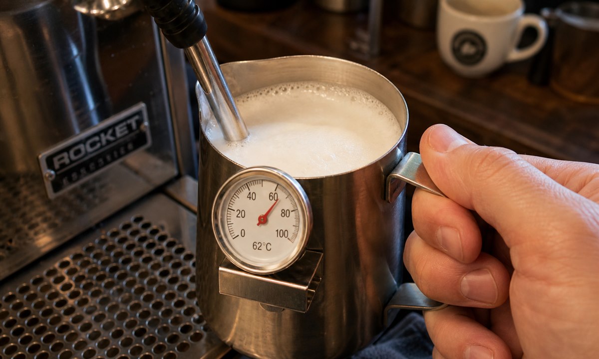 Termometer i mælkekande der viser 62 grader Celsius