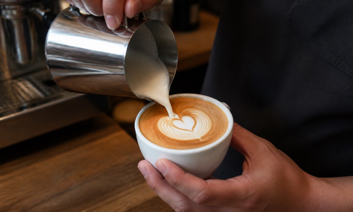 Mælk hældes i kaffekoppen med silkeblød skummende konsistens