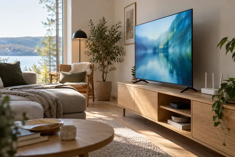 Tv med et abstrakt blåt billede, en lille modtagerboks og en trådløs router i en lys stue